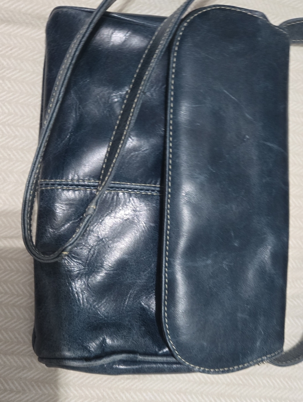 Classic Dark Blue Leather Shoulder Bag with Flap